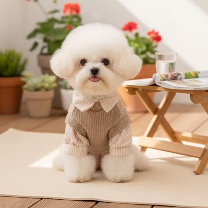 Beige Ribbed Knit Pet Sweater with Collar Design