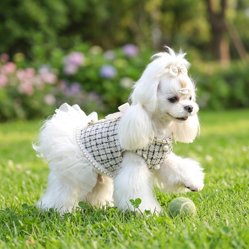 Elegant Pearl Tweed Pet Dress with Tulle Skirt