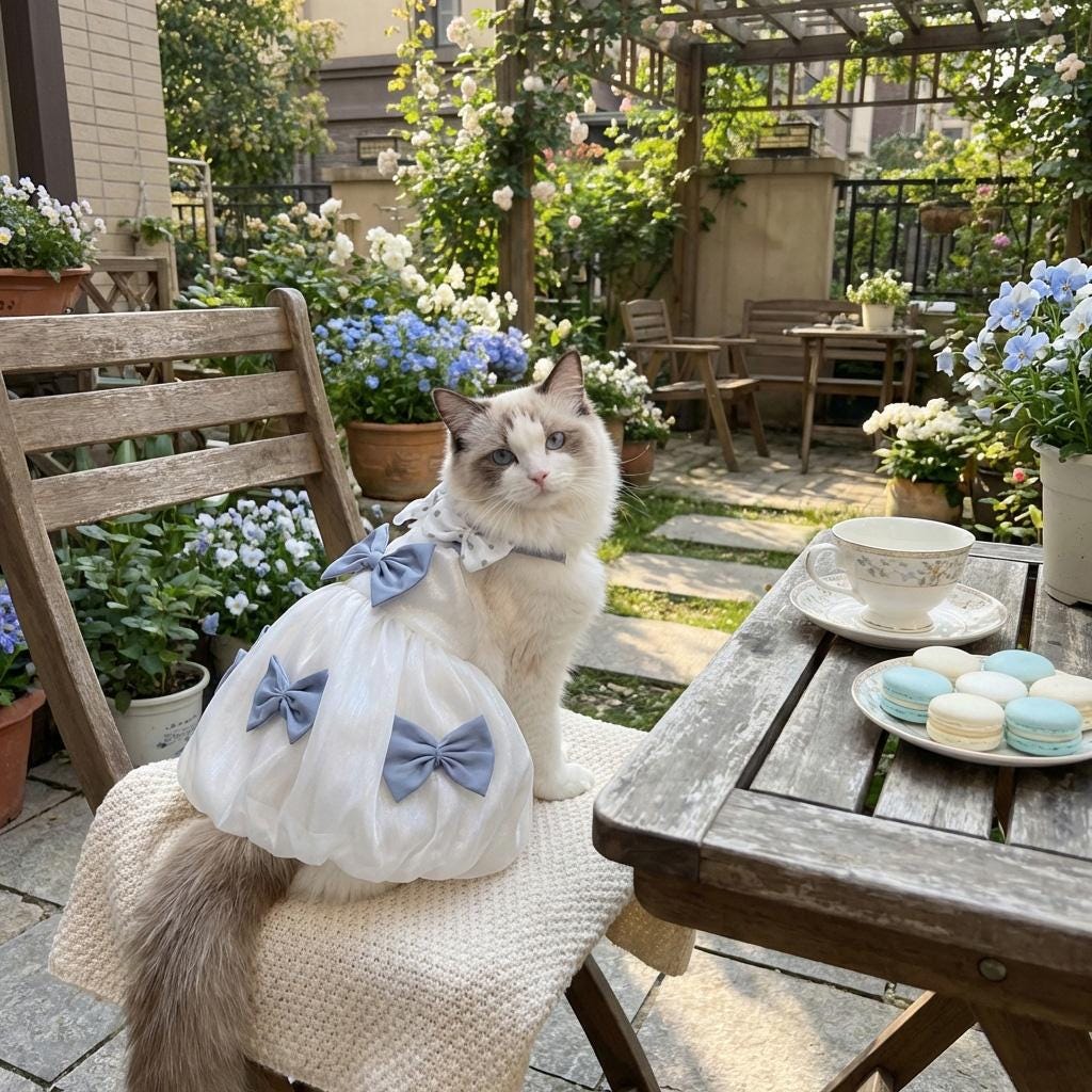 White Bow Princess Pet Dress with Blue Ribbon Accents